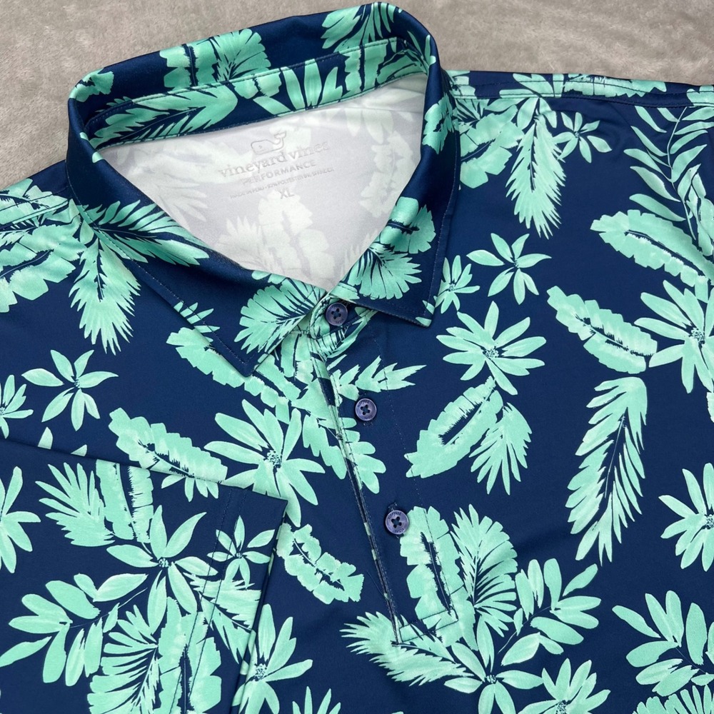 Vineyard Vines Sankaty Polo Shirt Mens XL‎ Navy Blue Tropical Leaf Performance